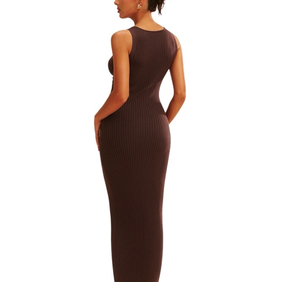 Commense Dark Brown Ribbed Cut Out Bodycon Midi Dress NWT Small - Picture 4 of 11